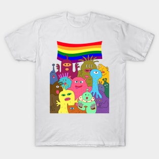 Halloween gay pride celebration. Group of cute alien monsters with lgbtq rainbow flag. T-Shirt